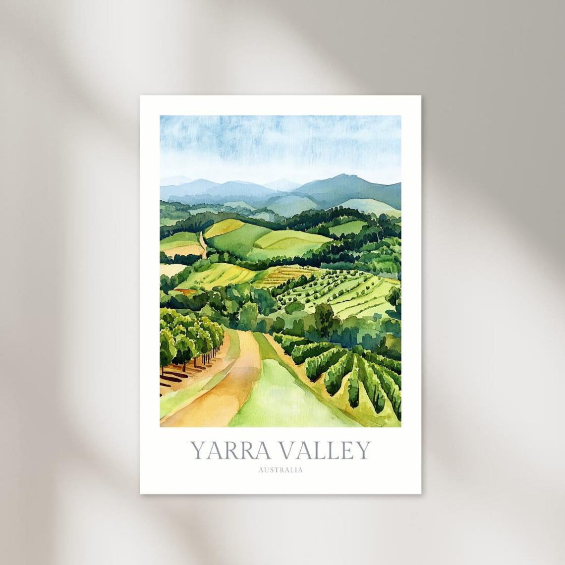 Yarra Valley Australia Vineyard Hills Watercolor Poster Art Decor