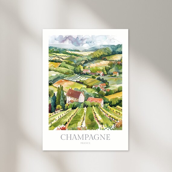 Champagne France Rolling Vineyard Village Countryside Watercolor Poster
