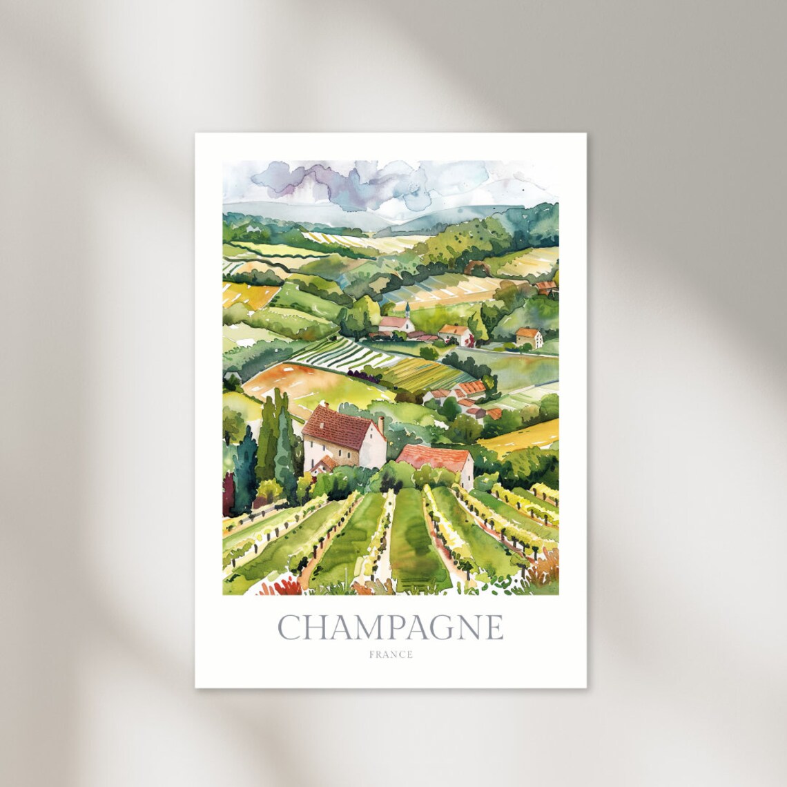 Champagne France Rolling Vineyard Village Countryside Watercolor Poster