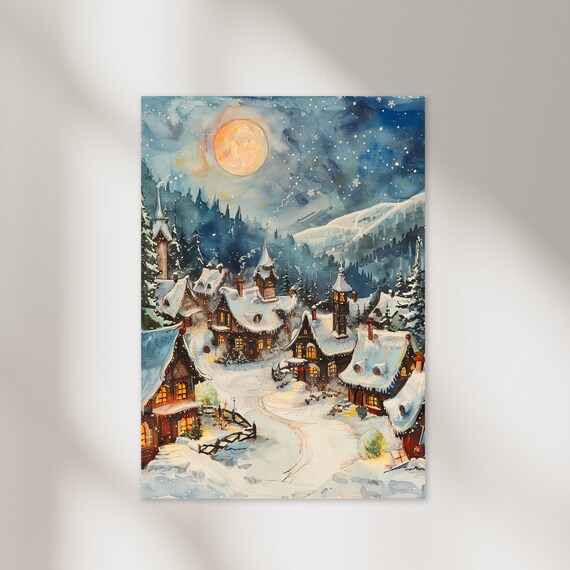 Santa Claus Village Winter Night Snowy Moonlit Watercolor Art Print