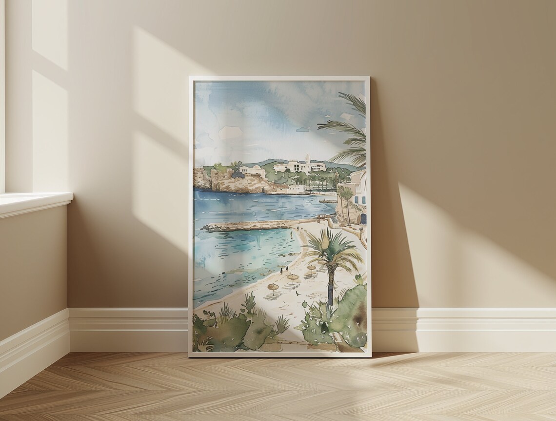 Ibiza Spain Beach Palms White Buildings Watercolor Art Print - Image 3