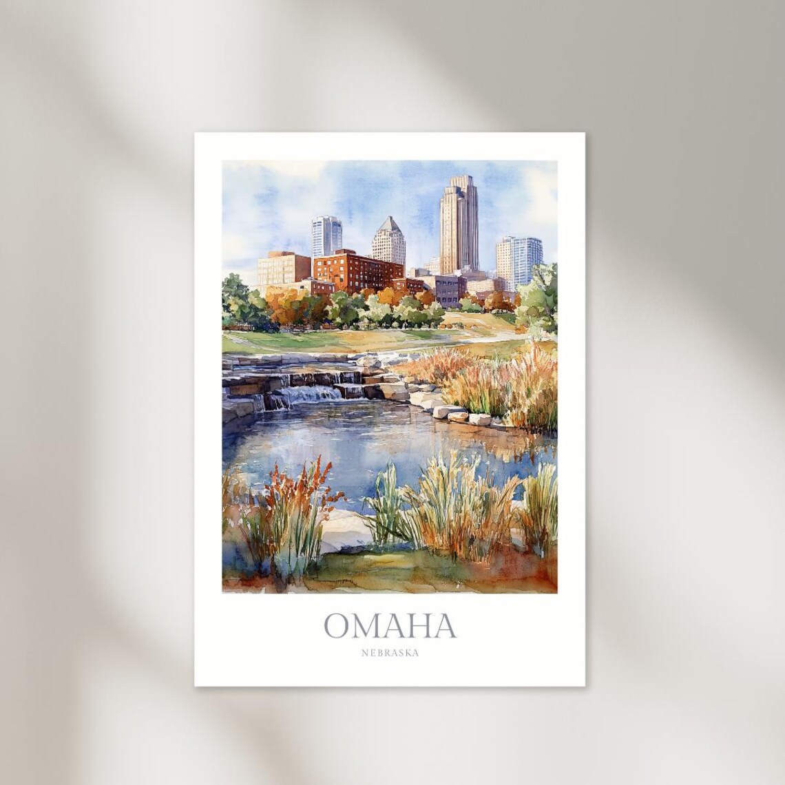 Omaha Nebraska Watercolor Skyline Waterfall Park Scene Poster