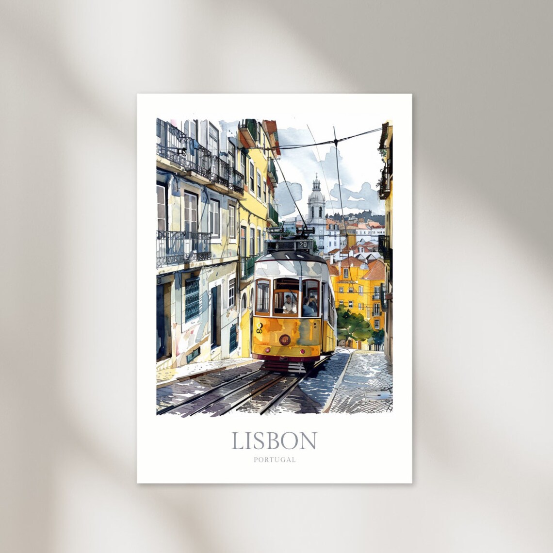 Lisbon Portugal Watercolor Travel Poster with Yellow Tram on Street