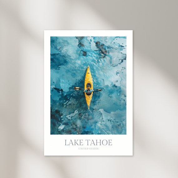 Lake Tahoe Us Watercolor Poster Wall Art Home Decor Kayaking Poster Lake Tahoe Print Kayaking Gift