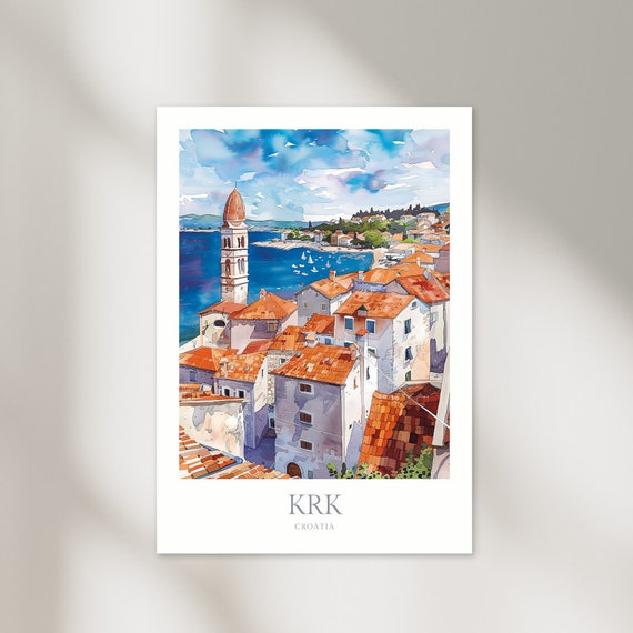 Krk Croatia Watercolor Travel Poster, Island Print
