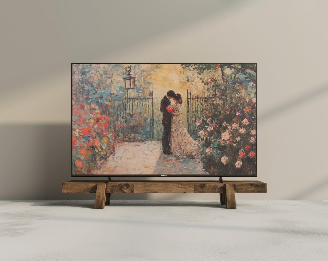 Romantic Couple Garden Gate Wedding Impressionist Oil Painting Poster - Image 3
