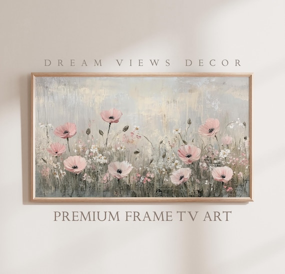 Blush Pink Poppies Field Muted Vintage Floral Oil Painting Wall Art