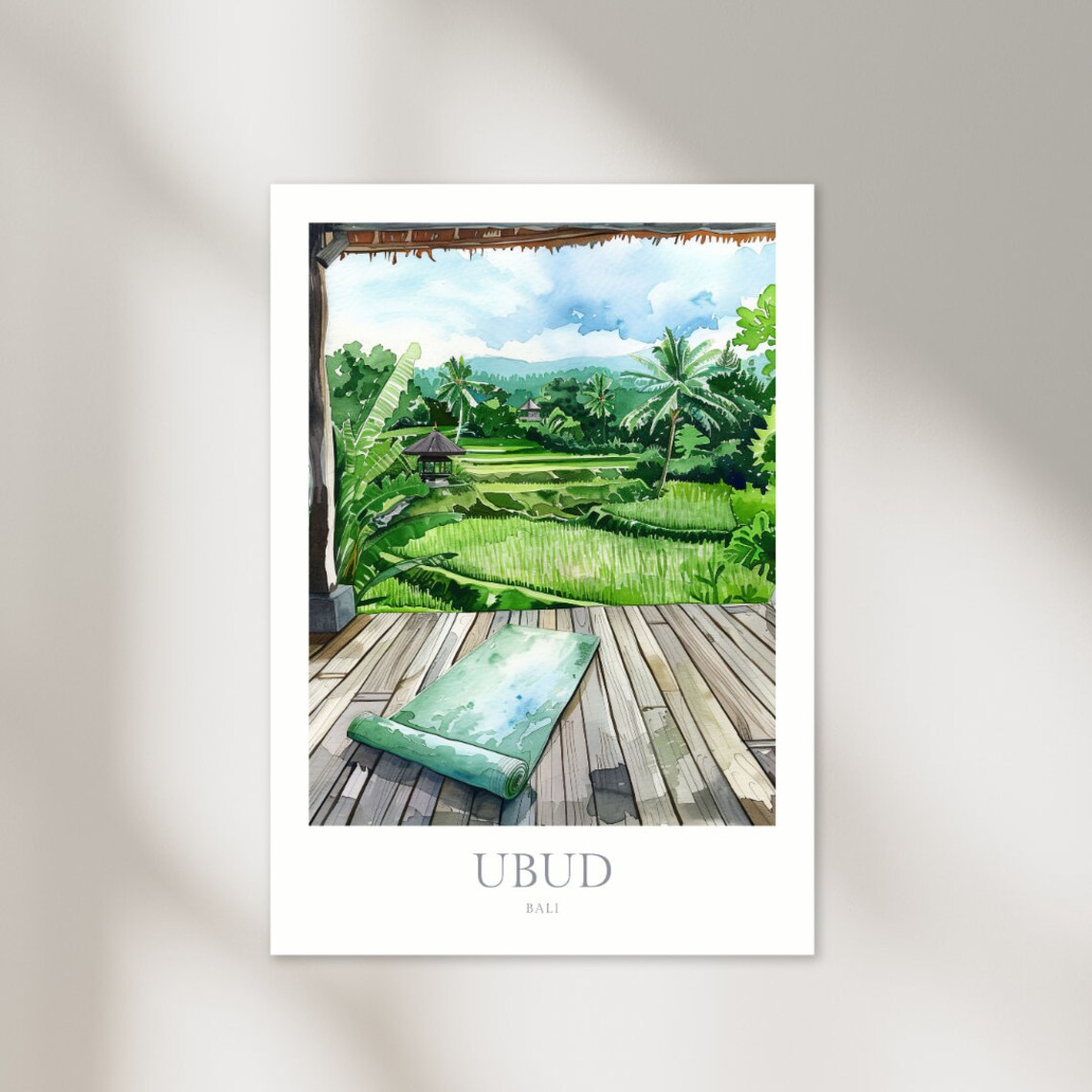 Ubud Bali Watercolor Rice Terraces Yoga Retreat Travel Poster