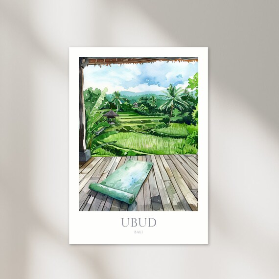 Ubud Bali Watercolor Rice Terraces Yoga Retreat Travel Poster