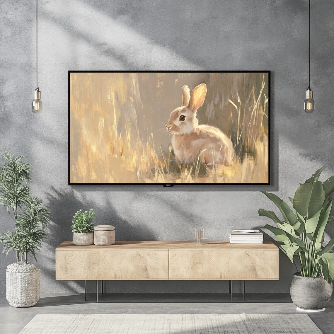 Golden Bunny Meadow Vintage Rustic Rabbit Oil Painting Nursery Wall Art - Image 2