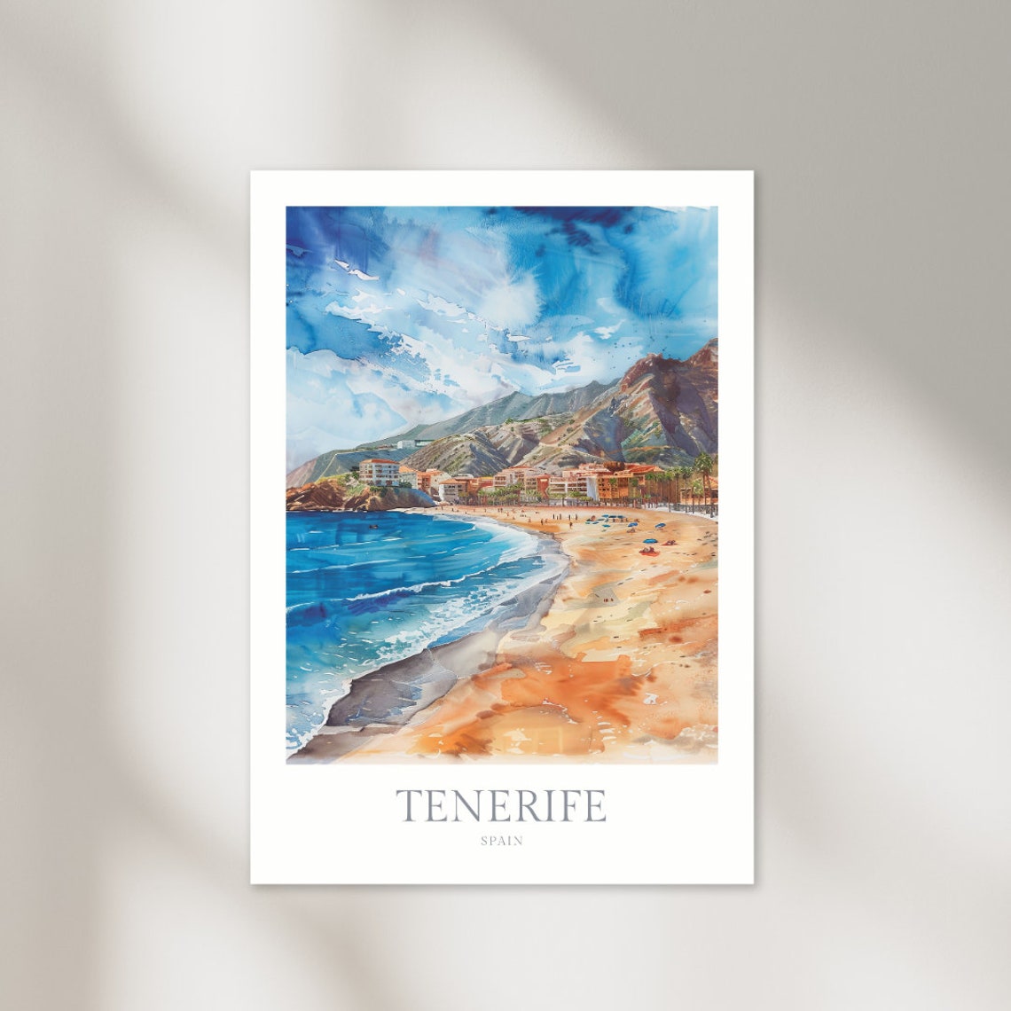 Tenerife Spain Watercolor Beach Scene Canary Islands Travel Poster