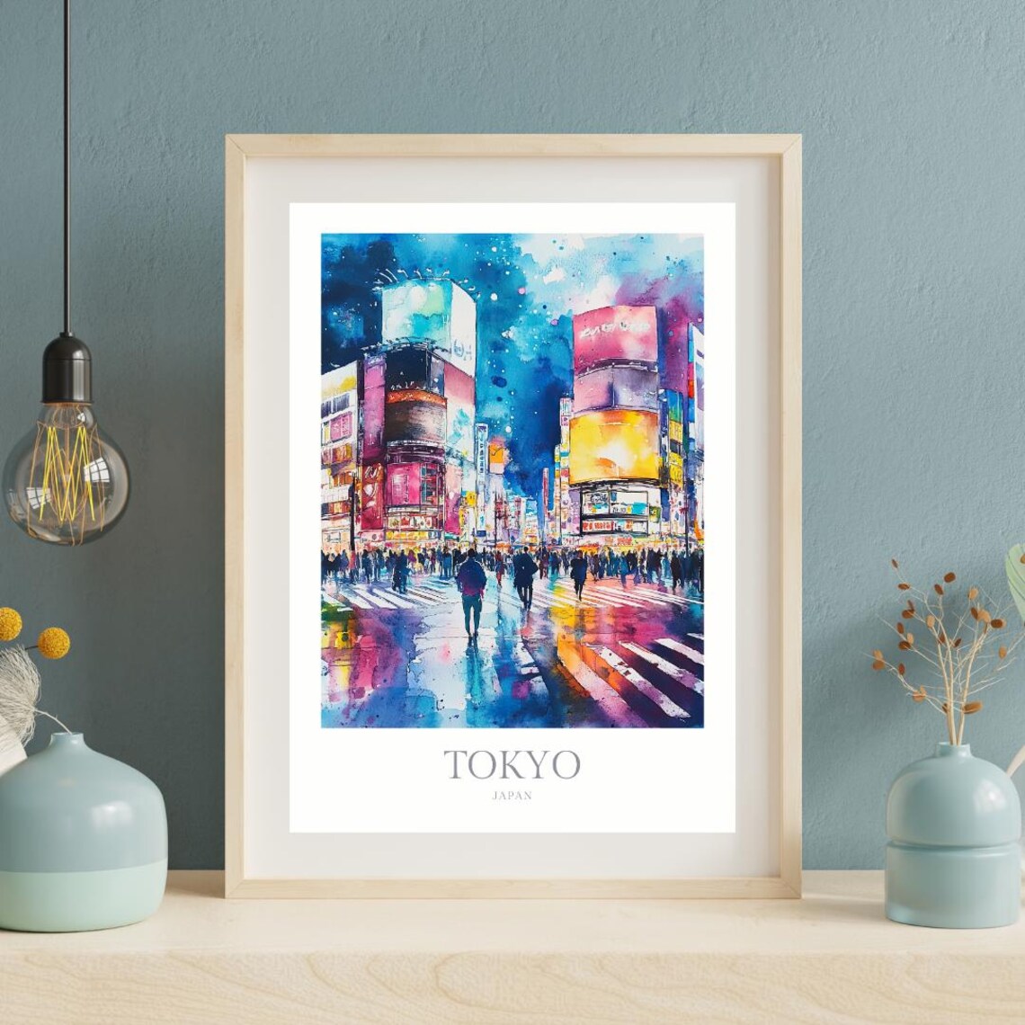 Tokyo Japan Neon City Crossing Night Lights Watercolor Street Poster - Image 2