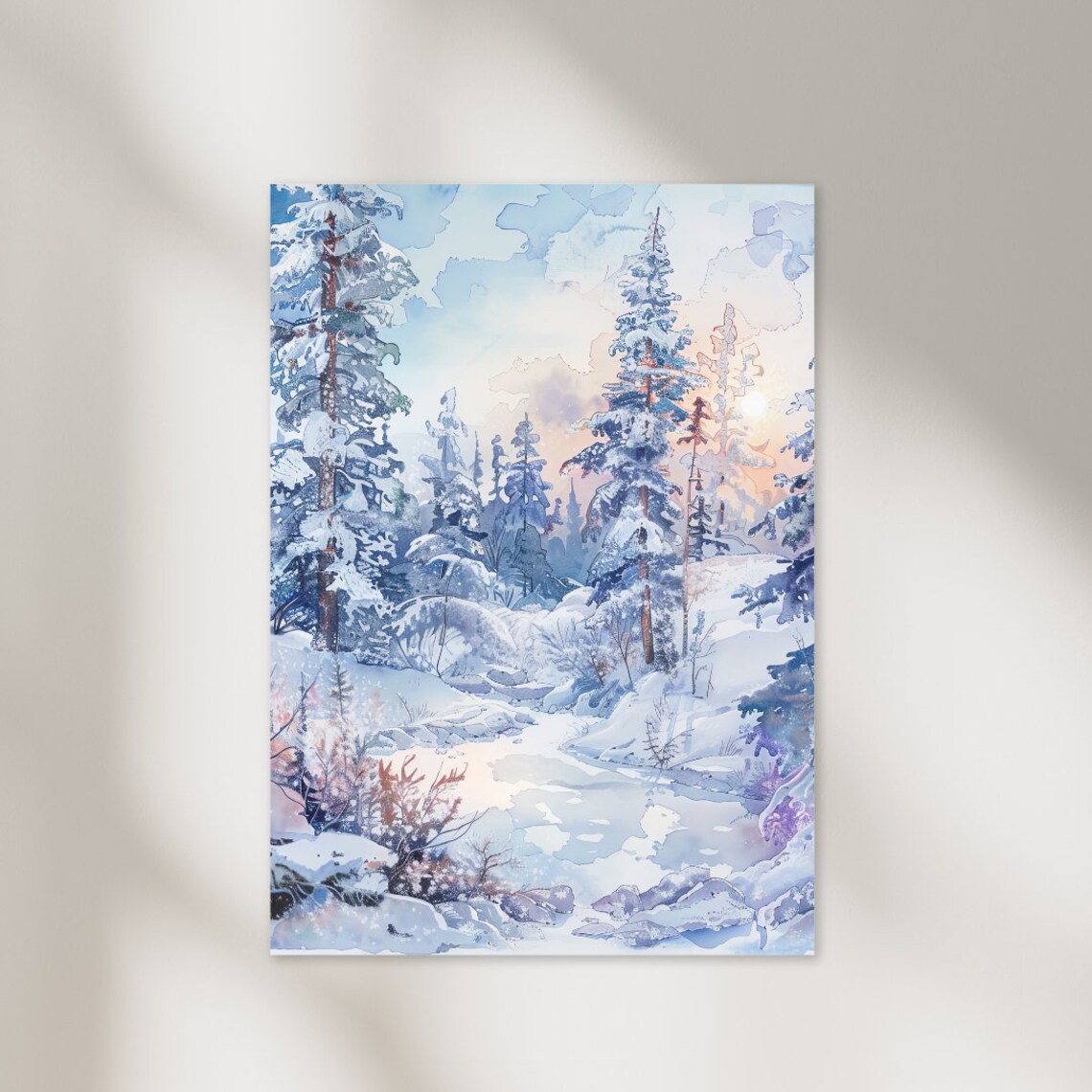 Lapland Snowy Pine Forest Winter Morning Watercolor Art Poster