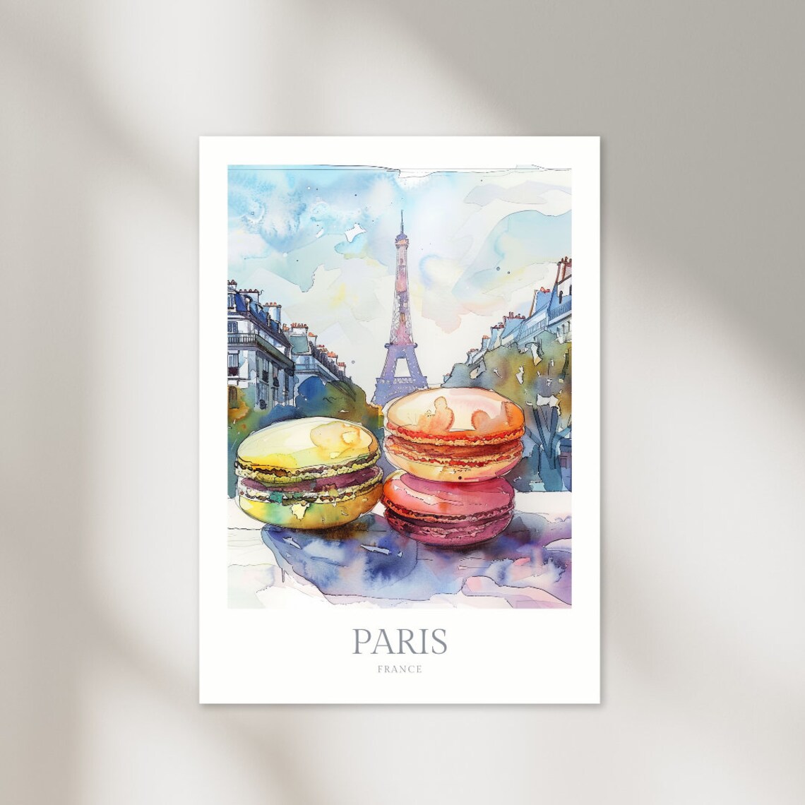 Paris Watercolor Eiffel Tower Macaron French Travel Art Poster