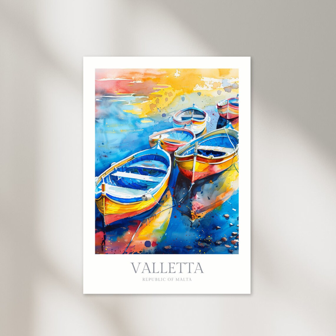 Valletta Malta Colorful Fishing Boats Watercolor Travel Poster