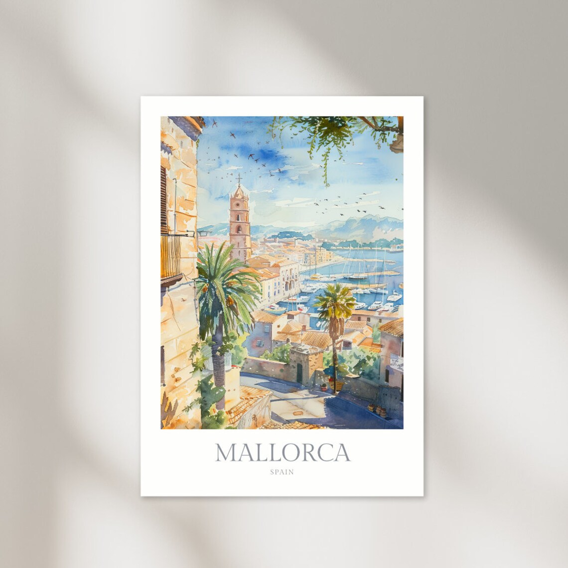 Mallorca Spain Watercolor Marina Church Tower Sunny View Poster