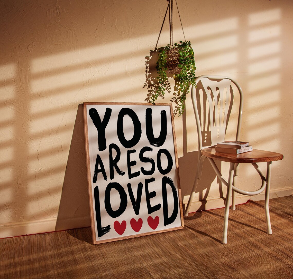 You Are So Loved Bold Black Brush Letter Red Hearts Quote Poster - Image 3