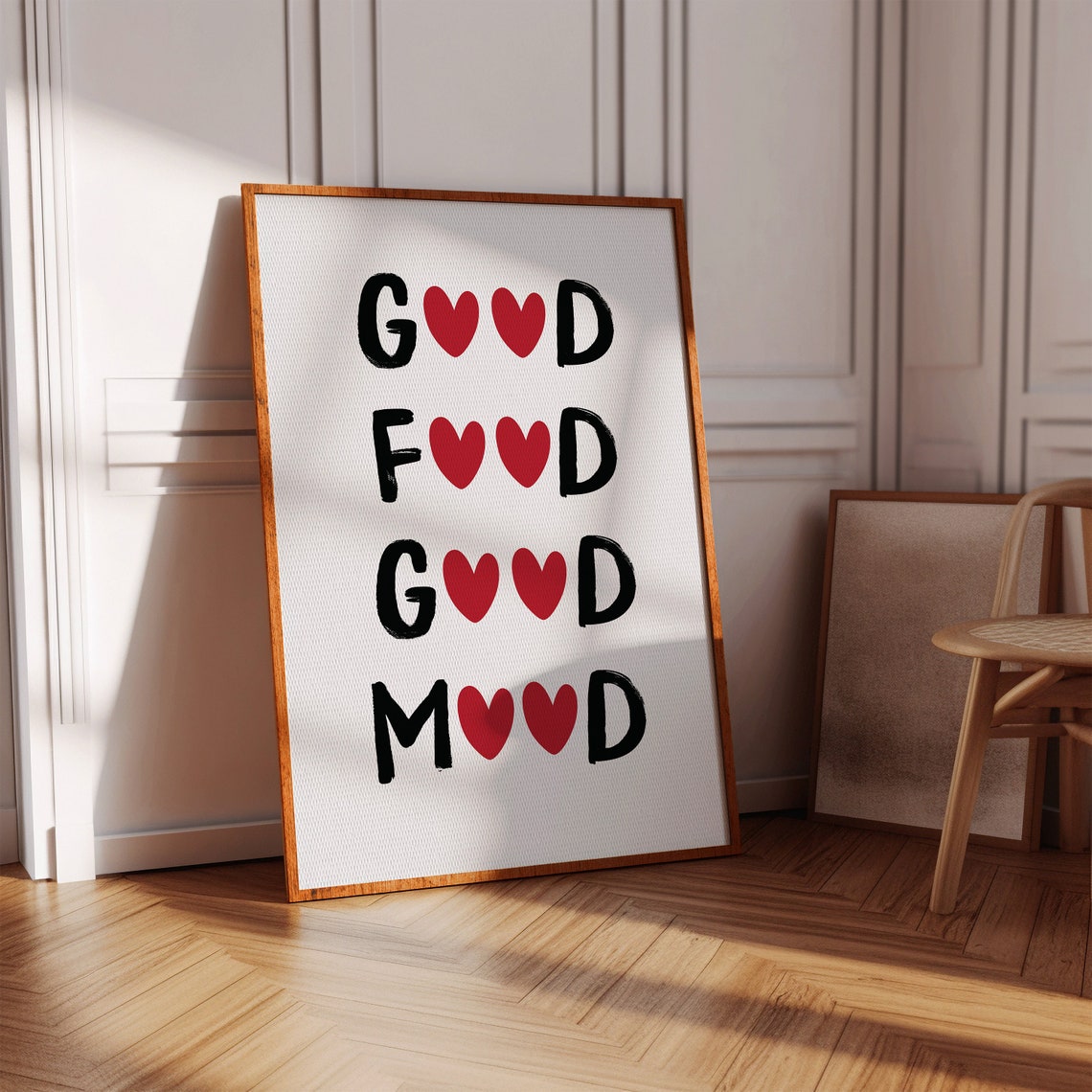 Good Food Good Mood Black With Red Hearts Playful Kitchen Poster