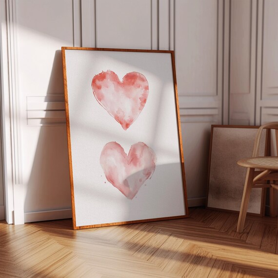 Two Blush Pink Watercolor Hearts Minimalist Love Valentine Wall Print