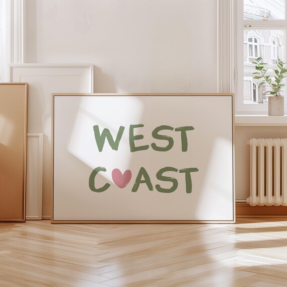 West Coast Heart Sage Green Brush Lettering Retro Quote Poster