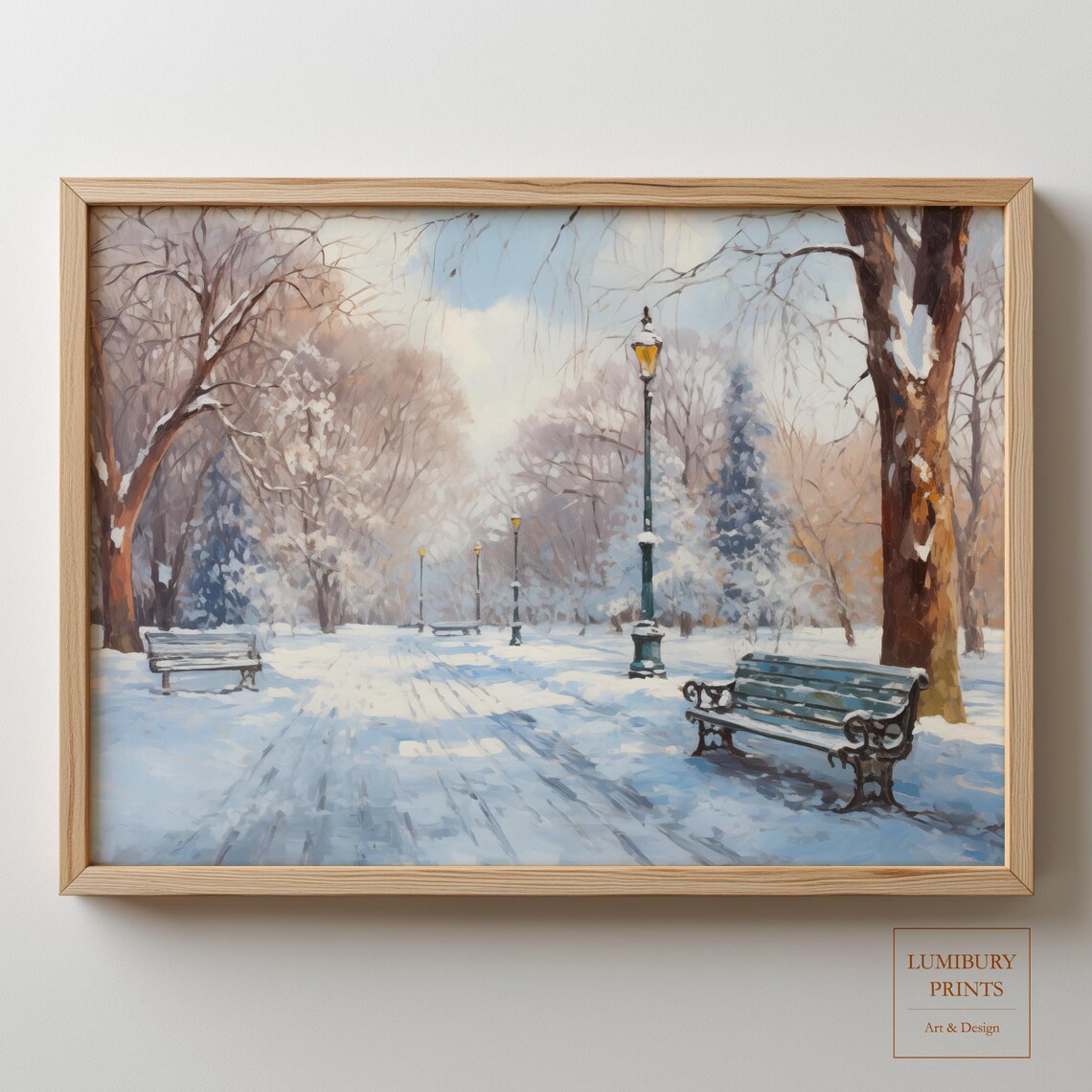 Snow Covered Winter Park Benches Green Lamps Bright Day Painting Wall Art