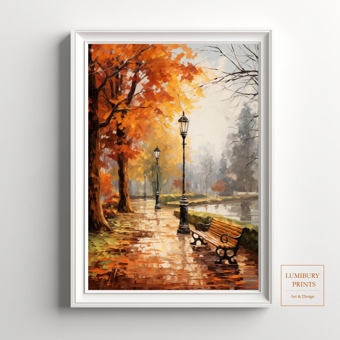 Vintage Fall Park Scene Illustration, Autumn Leaves Art Print