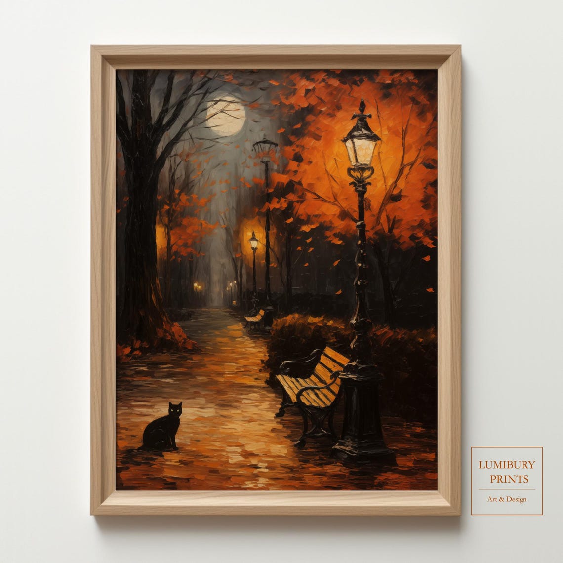 Black Cat Halloween Art Autumn Poster Vintage Print Rustic Fall Decor Spooky Wall Instant