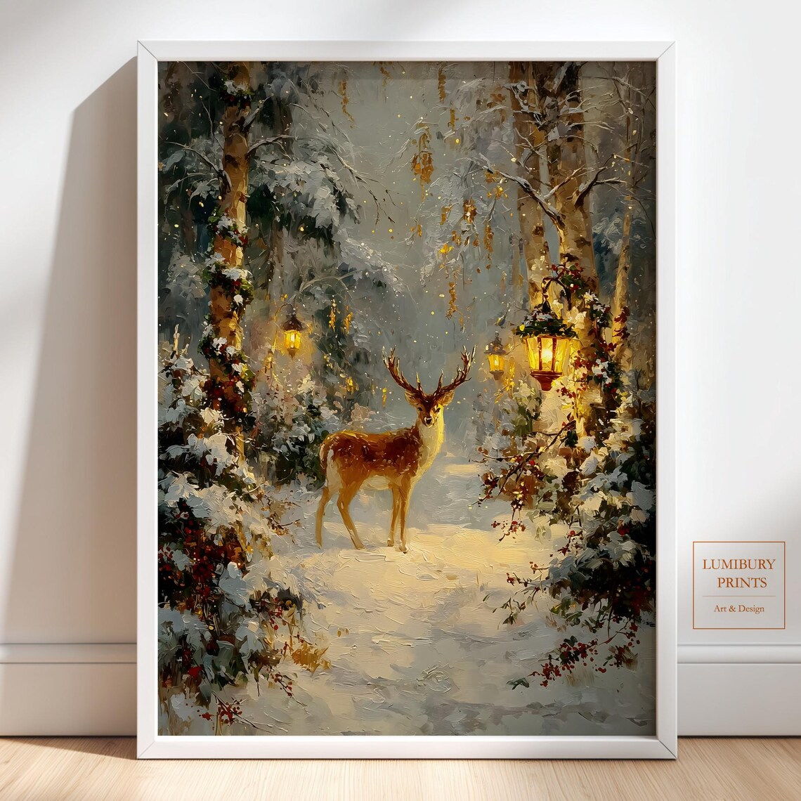 Peaceful Winter Deer Snowy Forest Lanterns Oil Painting Art Poster