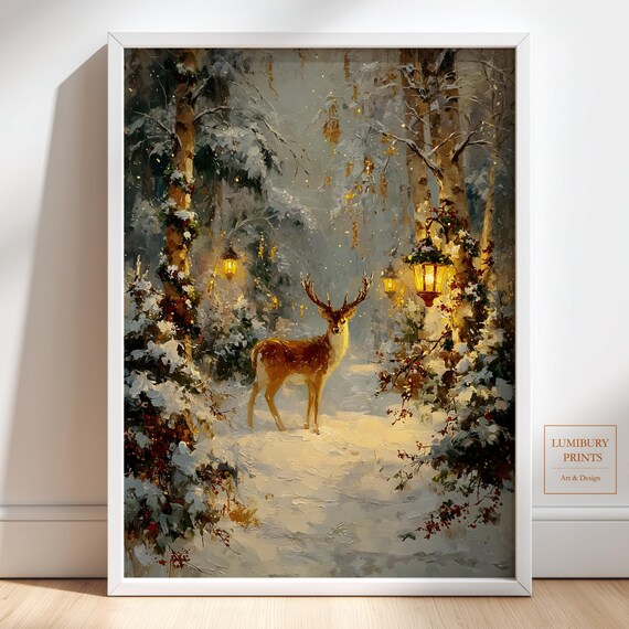 Peaceful Winter Deer Snowy Forest Lanterns Oil Painting Art Poster