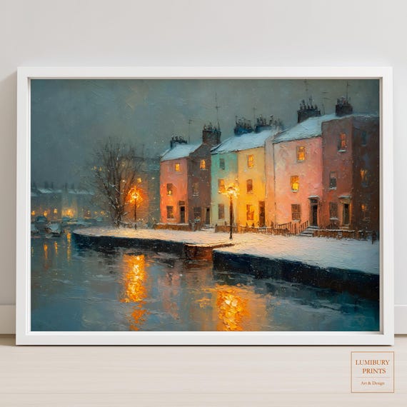 Snowy Landscape Wall Print Winter Townhouse Art Canal River Painting Instant