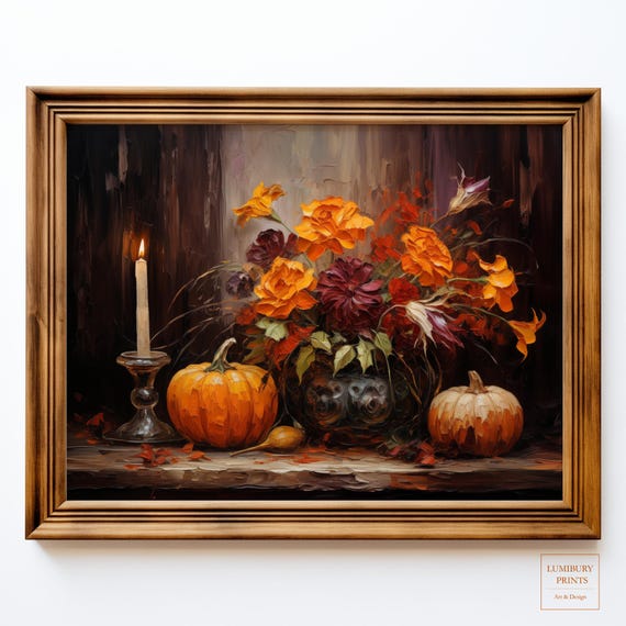 Vintage Halloween Art Print Wall Autumn Botanical Pumpkin Decor Rustic Fall Flower Instant