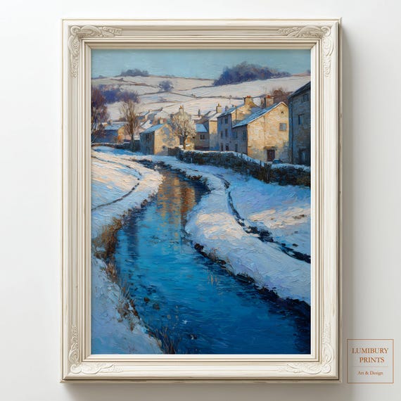 Vintage Winter Landscape Wall Art Rustic Village Print River Instant