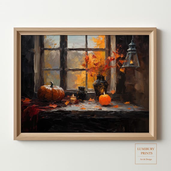 Cozy Halloween Decor Pumpkin Wall Art Candle Print Rustic Vintage Instant