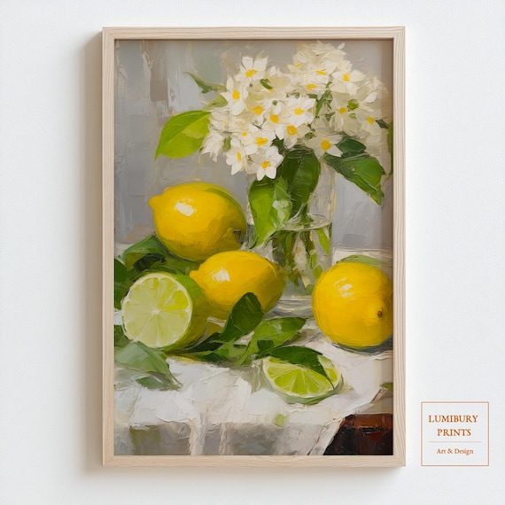 Lemon Citrus Still Life White Blossoms Yellow Fruit Kitchen Poster