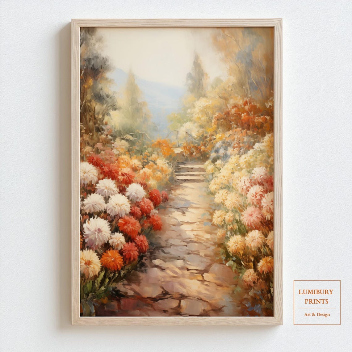 Multicolor Chrysanthemum Stone Path Autumn Botanical Garden Poster