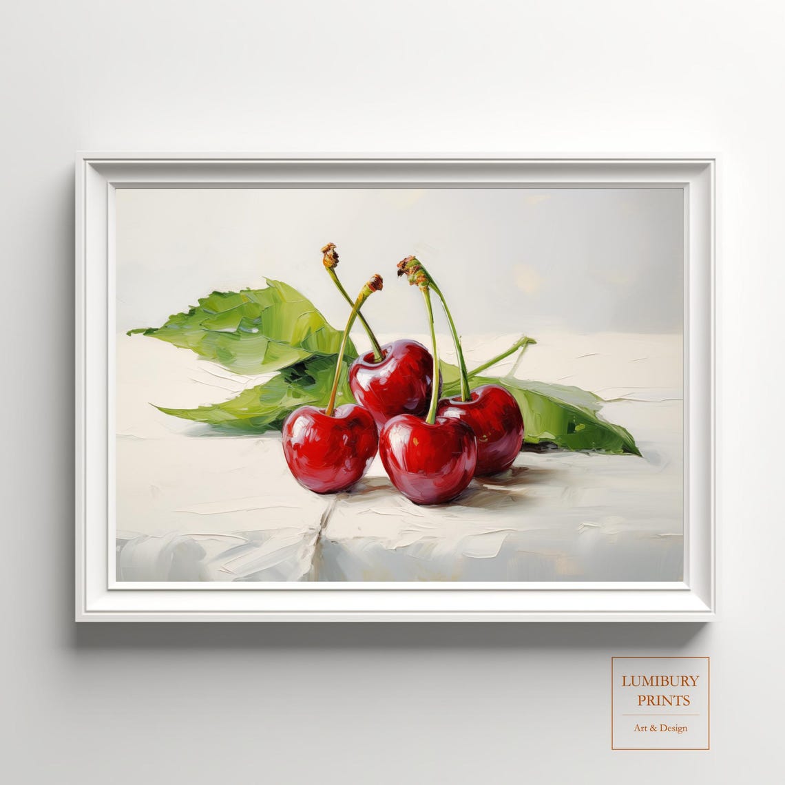 Four Ripe Red Cherries With Green Leaves Oil Painting Poster