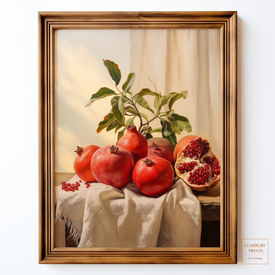 Pomegranate Still Life White Cloth Table Vintage Fruit Oil Poster