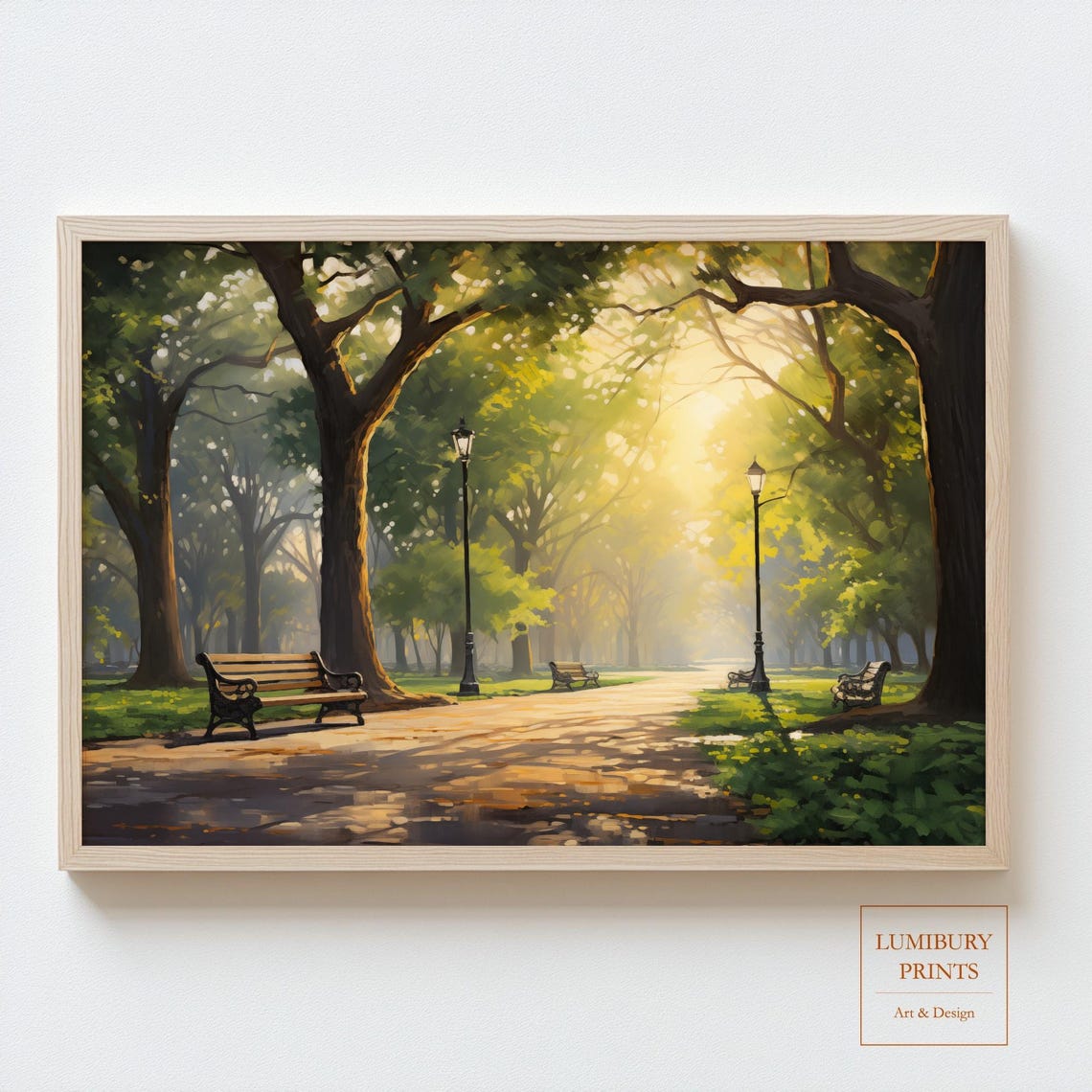 Sunlit Park Pathway Benches Morning Light Garden Landscape Poster