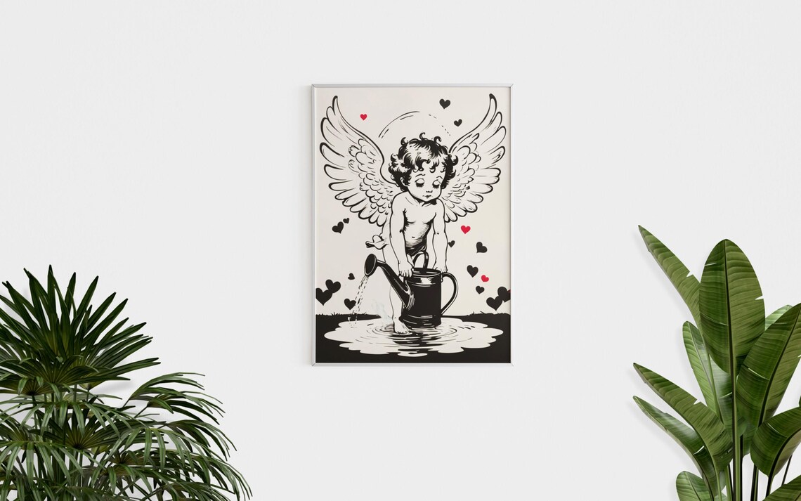 Cupid Cherub Watering Can Hearts Vintage Valentine Line Art Poster - Image 2
