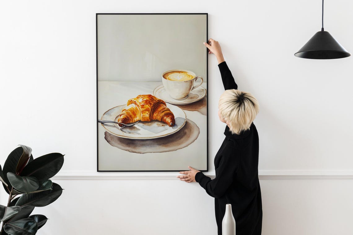 Croissant And Latte Coffee Cup Watercolor Kitchen Breakfast Print - Image 2