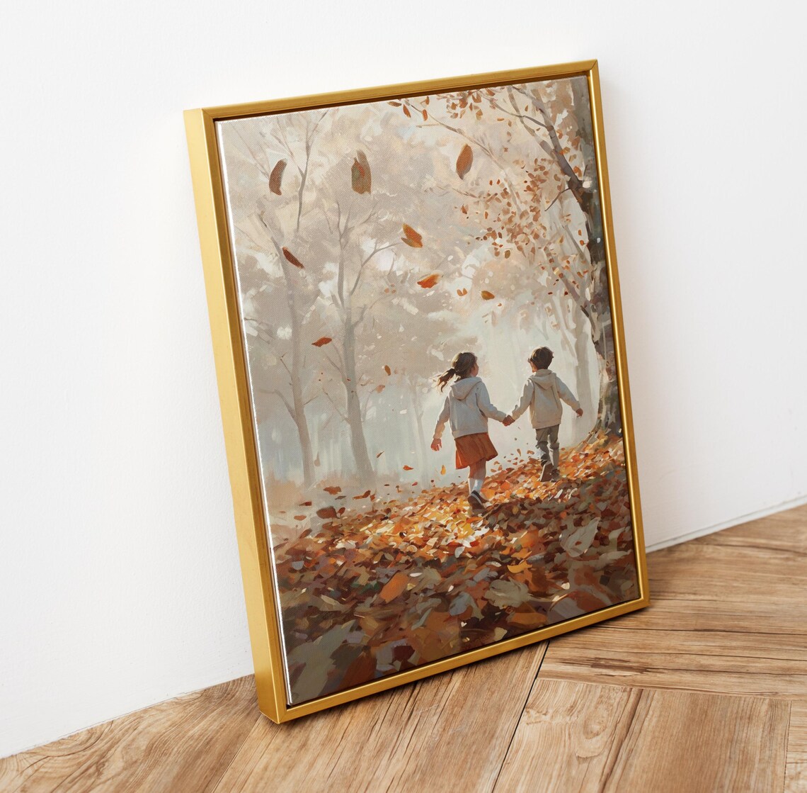 Kids Walking Autumn Forest Falling Leaves Painting Warm Fall Wall Art - Image 6