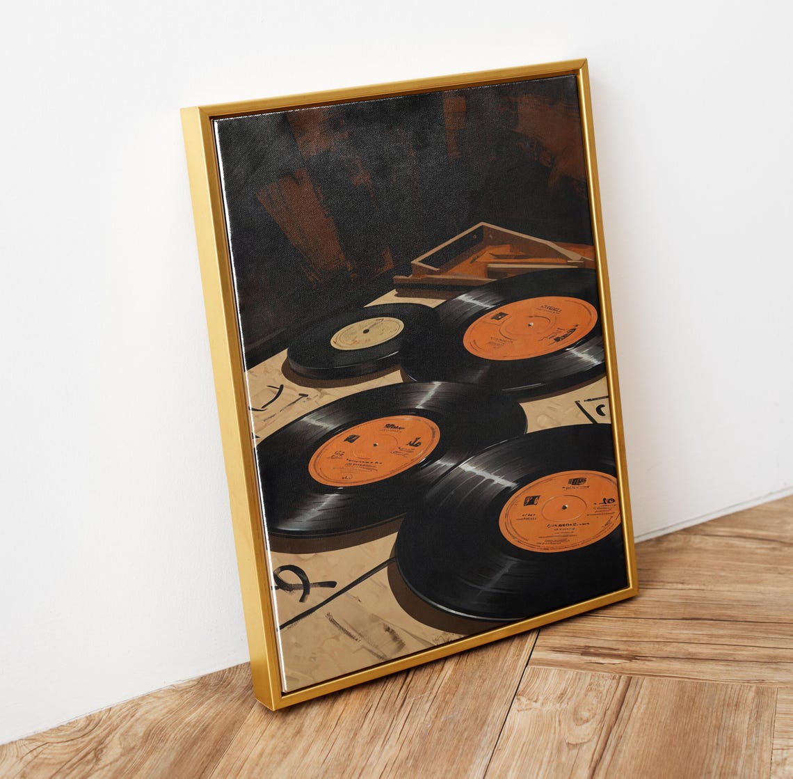 Scattered Vinyl Records with Orange Labels Retro Music Wall Art Print - Image 6
