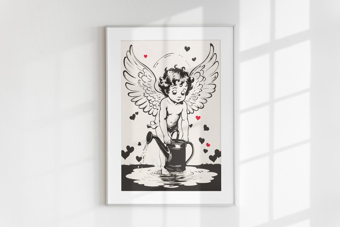 Cupid Cherub Watering Can Hearts Vintage Valentine Line Art Poster - Image 6