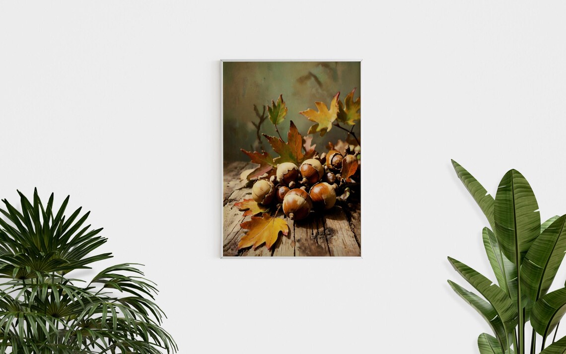 Acorns Autumn Leaves Still Life Vintage Oil Painting Rustic Fall Wall Art - Image 3