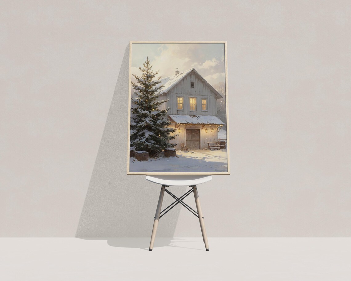 Snowy White Barn Christmas Winter Farmhouse Holiday Painting Wall Art - Image 4