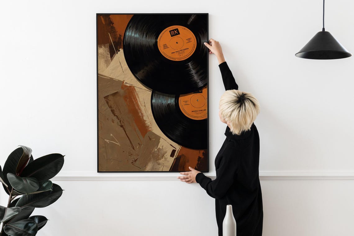 Two Retro Vinyl Records with Orange Labels on Abstract Wall Art Print - Image 2