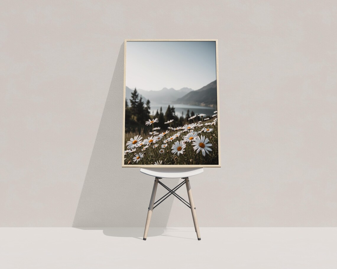 White Daisy Wildflowers Meadow Mountain Lake View Photography Poster - Image 3