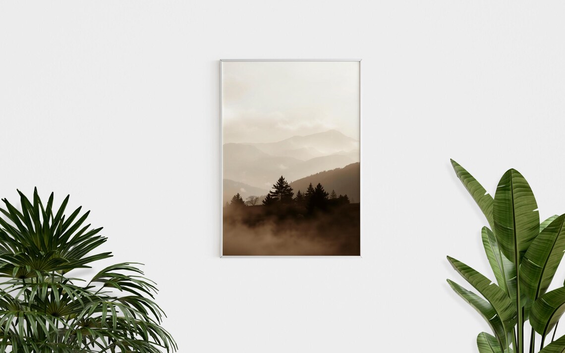 Neutral Sepia Mountain Layers Misty Pines Monochrome Photo Poster - Image 2