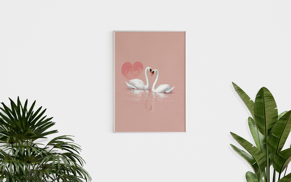 Swan Couple Heart Necks Pink Water Romantic Love Illustration Poster - Image 2