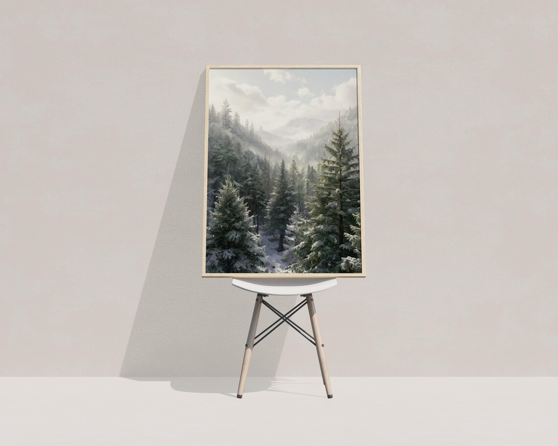 Snow Covered Pine Forest with Misty Mountains Winter Landscape Wall Poster - Image 4